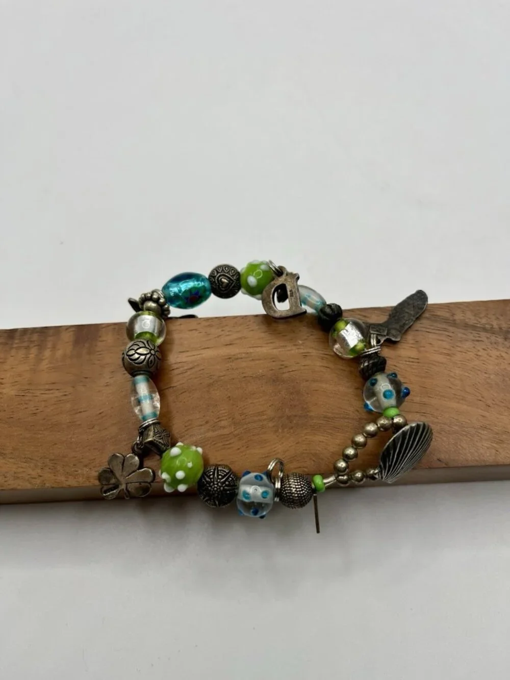VTG Sterling Silver Charm Bracelet Artisan Lampwork Glass Beads Florida Shell
